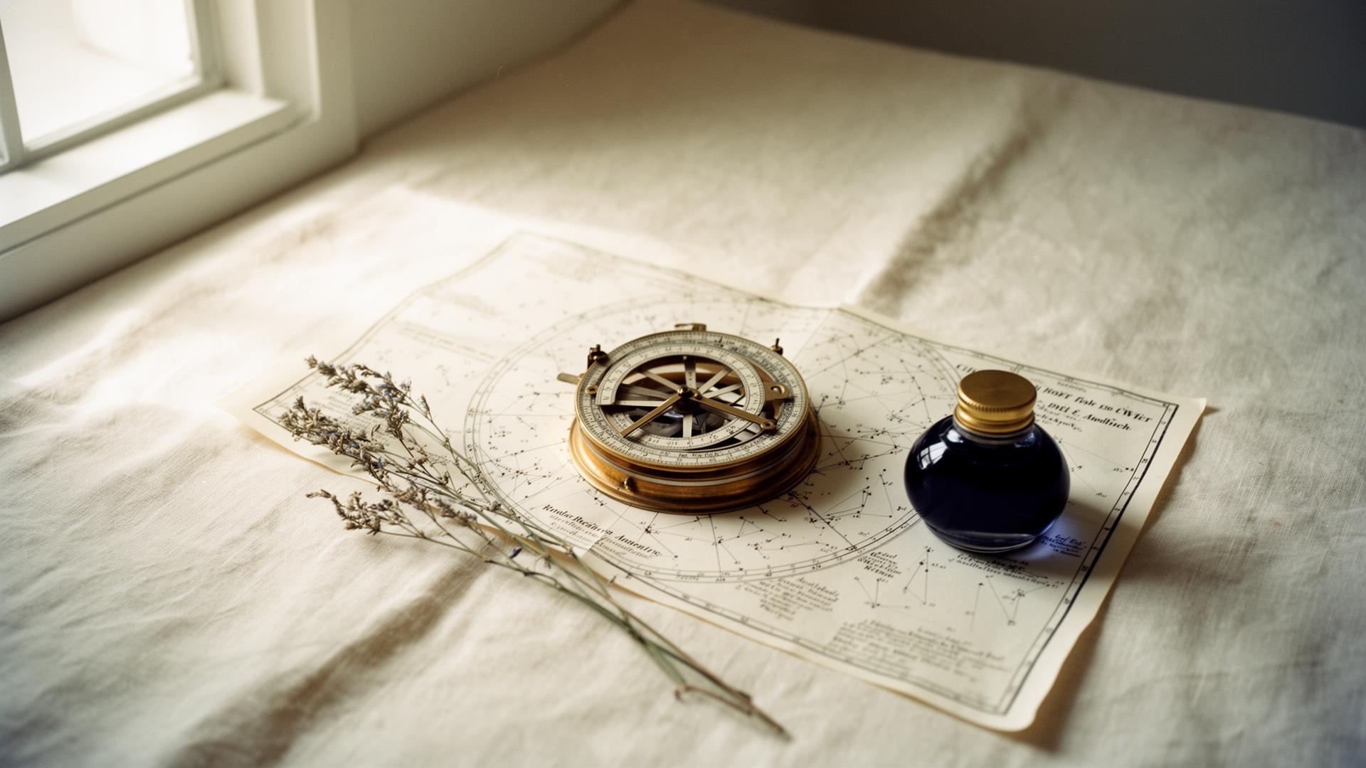 Antique astrolabe and star chart on linen